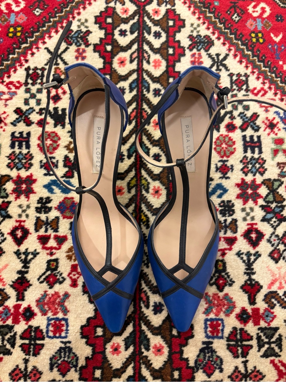 Pura Lopez Blue Pointed T-Strap Pumps with Black Trim